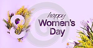 Paper art to 8 March, Happy women's day celebrating. Number eight cut in the paper against fresh mimosa Flowers on a