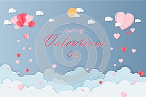 Paper art of Valentine`s day festival with heart-shaped paper and cloud shape paper and sun-shaped paper on the blue sky, vector