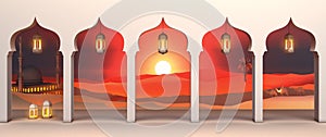 Paper art view from arabic window of sunset desert with the mosque, lantern, camel, dates palm.