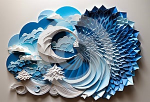 paper art with a wave and blue sky in the background