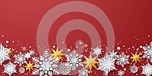 Winter decoration with snowflakes, stars on red background, Merry Christmas and Happy New Year