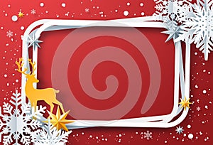 Winter frame with snowflakes, reindeer on red background, Merry Christmas and Happy New Year