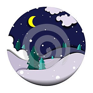 Paper art winter illustration in a circle with snowy hills pine trees and moon.Vector illustration.