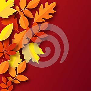 Paper autumn leaves colorful background. Trendy 3d paper cut stye