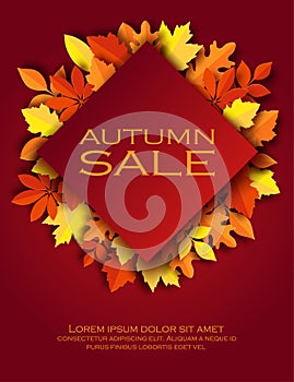 Paper autumn leaves colorful background. Trendy 3d paper cut stye