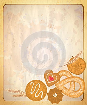 Paper backdrop with empty place for text and illustration of assorted cookies.