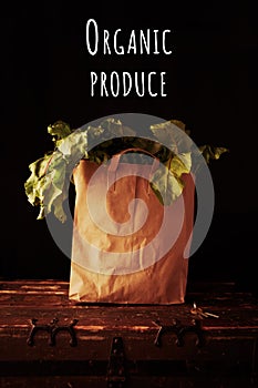 Paper bag with beet greens, with organic produce wording. Concept of healthy grocery shopping