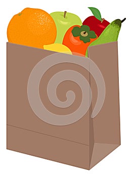 Paper bag of different health food on white background. Grocery in a paper bag and fruits in paper bag. Vector