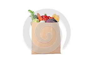 Paper bag with different vegetables isolated on white