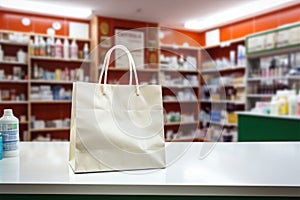 Paper bag on drugstore counter, shelves stocked with health essentials