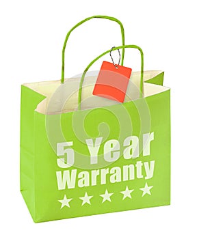 Paper bag with five year warranty inscription