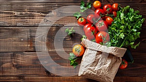 A paper bag full of healthy fresh basil and tomatoes on wooden rustic background with copyspace.