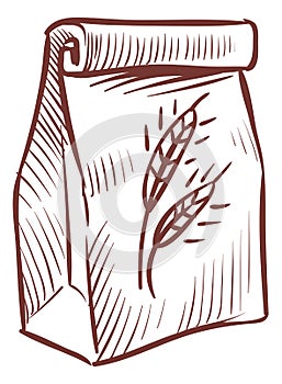 Paper bag with grain symbol. Bakery bread package sketch