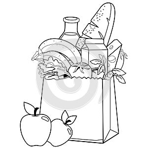 Shopping bag with groceries. Vector black and white coloring page. photo