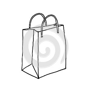 Paper bag with handles isolated. Line sketch. Black and White hand drawn illustration on white background. Package for photo
