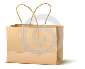 Paper bag mockup. Brown shopping craft package with handle ropes