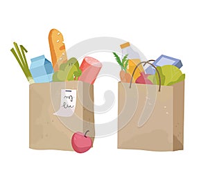 Paper bag, package with food and drink products. Vegetables, bread, dairy products. Vector flat design illustration