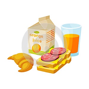 Paper Bag Package with Healthy Breakfast, Orange Juice, Croissant, Sandwich with Sausage and Cheese Vector Illustration