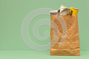 Paper bag with paper garbage stands on a green background