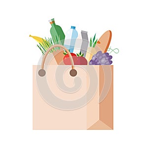 Paper bag with purchases. full packet with fresh food, vegetables, fruits, dairy products. Concept shopping in a grocery