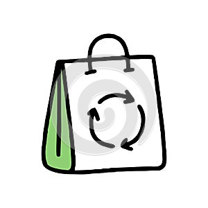 Paper bag Recycling. Separation of garbage. Co2 concept of climate change. Vector isolated doodle