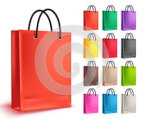 Paper bag for shopping vector set. Empty shopping bags collection in orange