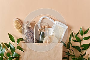 A paper bag with spa items. Eco products for body care