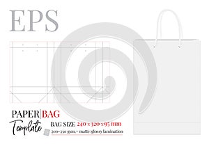 Paper Bag Template, Vector with die cut / laser cut layers. Illustration, Shopping Bag, 240 x 320 x 95, Packaging Design