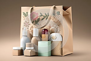 paper bag with various beauty products, ready for purchase