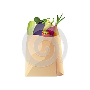 Paper bag with vegetables, fruits, carrot, eggplant, strawberry