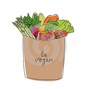 Paper bag with vegetables. Vegan shopping vector concept. Eco shopping bag