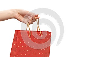 Paper bag in woman hands isolated on white background