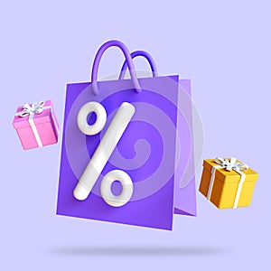 Paper bags with big percent, promo code concept, earn point and get reward from online shopping. 3d rendering illustration