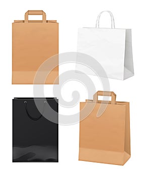 Paper bags. Empty store packages white black and craft paper merchandising identity bags vector realistic mockup