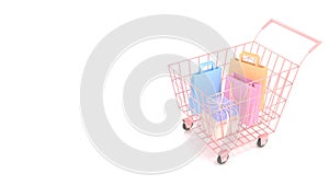 paper bags, gift boxes in pink trolley shopping cart. Isolated on white background.