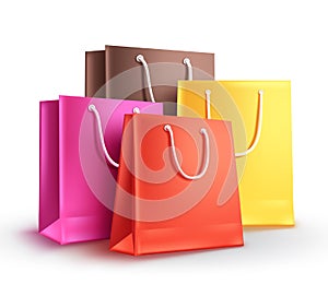 Paper bags group vector illustration. Empty shopping bags with assorted colors isolated