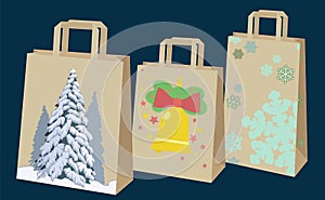 Paper bags with holiday pictures. Vector