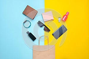Paper bags and many purchases of gadgets and accessories on a colored background.