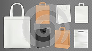 Paper bags. Realistic craft shopping bag, white and black packs vector illustration