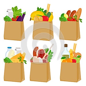 Paper bags set with groceries. Food in shopping bags. Supermarket food products. Vector illustration