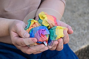 Paper balls made of wringled rainbow colored paper