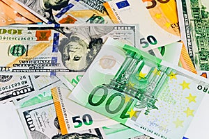 Paper banknotes of Euro 50 and 100. Cash close-up, color background of money view from above