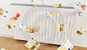 Paper banknotes falling near radiator at home photo