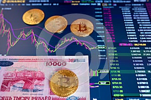 Paper bill Belarus BYN, blurred background. The electronic schedule of bitcoin on the exchange, volume trades, on the photo