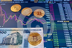 Paper bill Belarus BYN, blurred background. The electronic schedule of bitcoin on the exchange, volume trades, on the photo