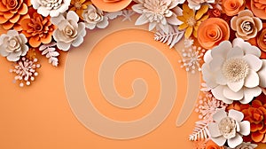 Paper Blooms: A Romantic Floral Frame for Special Occasions with orange background copy space