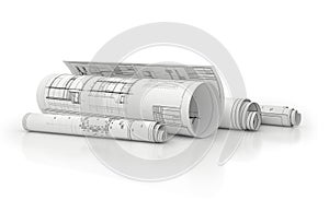 Paper blueprints in rolls isolated