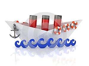 Paper boat with anchor lifebuoys on abstract waves