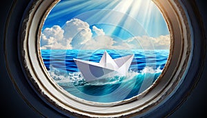 Paper Boat in the Blue Waves of the Sea Seen Through the Porthole - Generative Ai