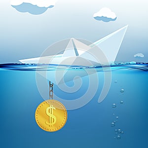 Paper boat with a dollar instead of an anchor is sinking in water